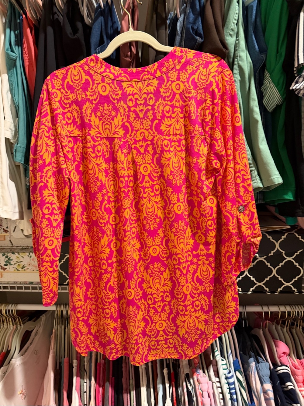 Vivid Pink & Orange Printed V-Neck Blouse - Picture 3 of 4